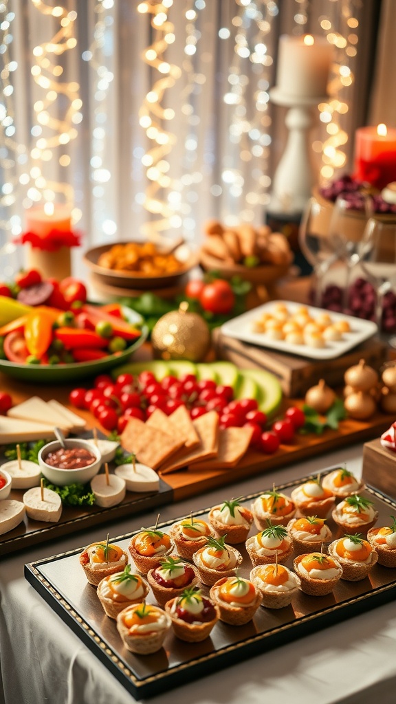 A festive table displaying an assortment of holiday appetizers including cheese platters, stuffed mushrooms, and vegetable dips.